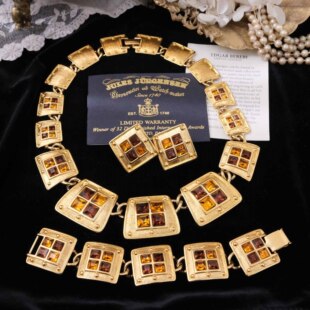 Vintage古董首饰Napier书本稀有款1992年黄水晶耳夹手链项链套装