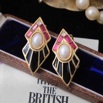 Vintage古董首饰DI0R复古优雅珍珠红水晶珐琅彩婚礼中古耳夹D31