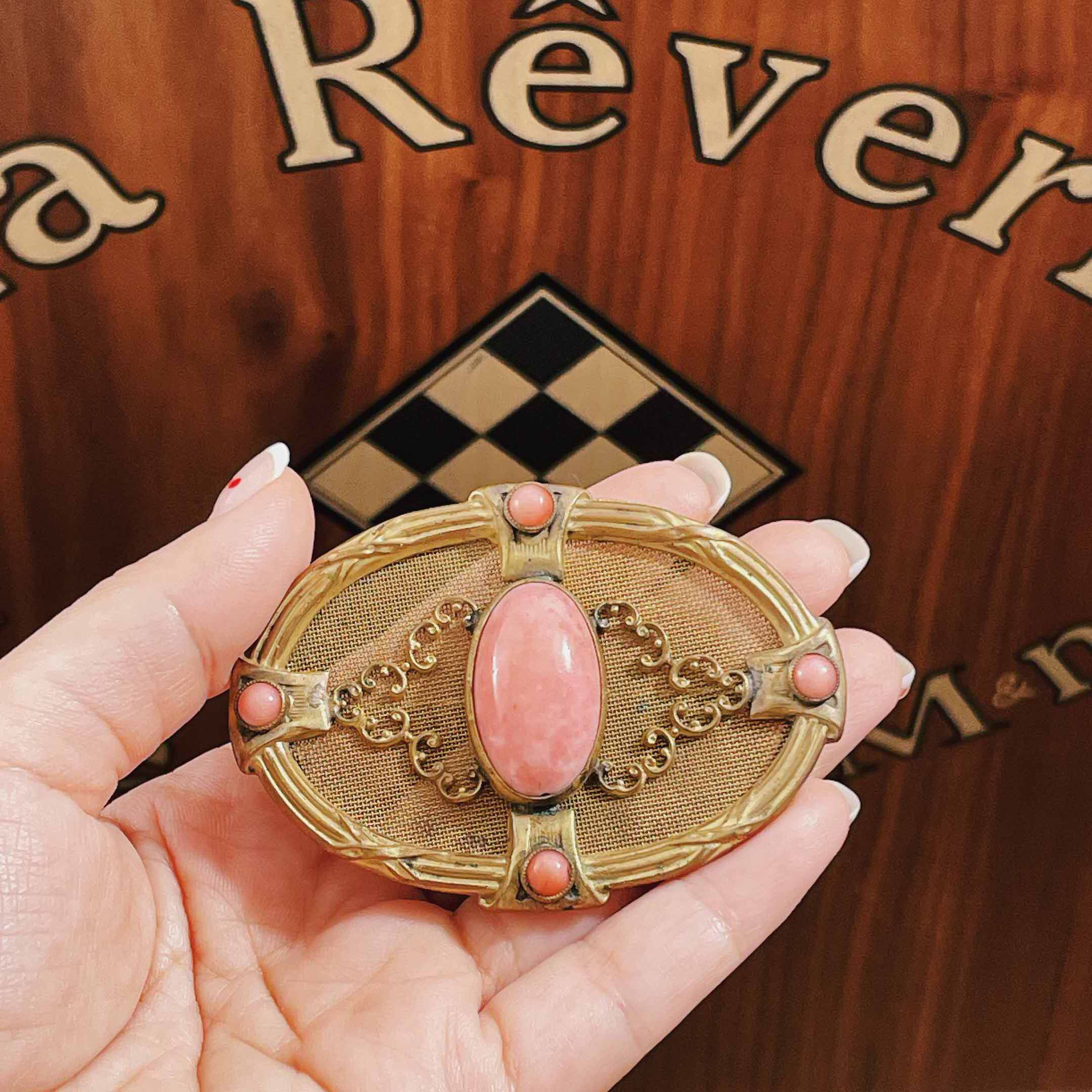 Vintage古董首饰古典宫廷感丝网天然石头手工莱茵石中古胸花胸针