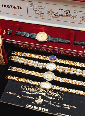 Vintage海外中古饰品彩钻莱茵宝石复古珍珠浮雕金色古董手表2