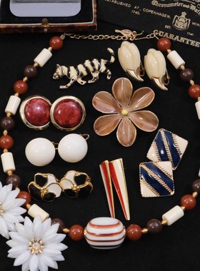 Vintage古董首饰Coro白色茶花SarahCov红色复古项链夏日耳环耳夹