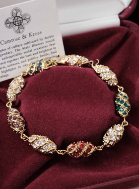 Vintage古董首饰JBK复古榛果橡果新年红宝石绿色水晶气质手链