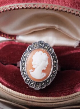 Vintage西洋中古首饰卡梅奥cameo贝雕手工925银古董店孤品戒指G17