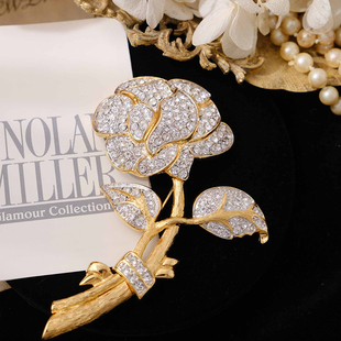 LiliaVintage古董首饰Nolan Miller金色水晶玫瑰花复古优雅胸针