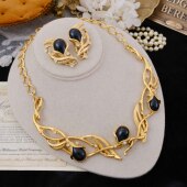 Vintage中古饰品Avon雅芳80年代黑金色水晶宫廷优雅中古耳环项链