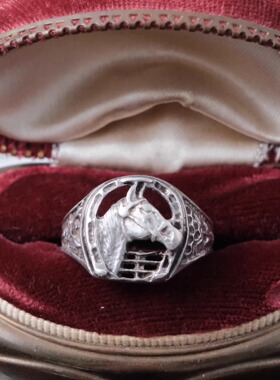 Vintage西洋中古首饰925银古董店跳蚤市场淘马造型孤品戒指G3