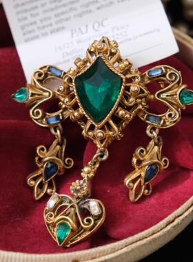 Vintage古董首饰Florenza绿色水晶流苏宫廷感维多利亚风格胸针F28