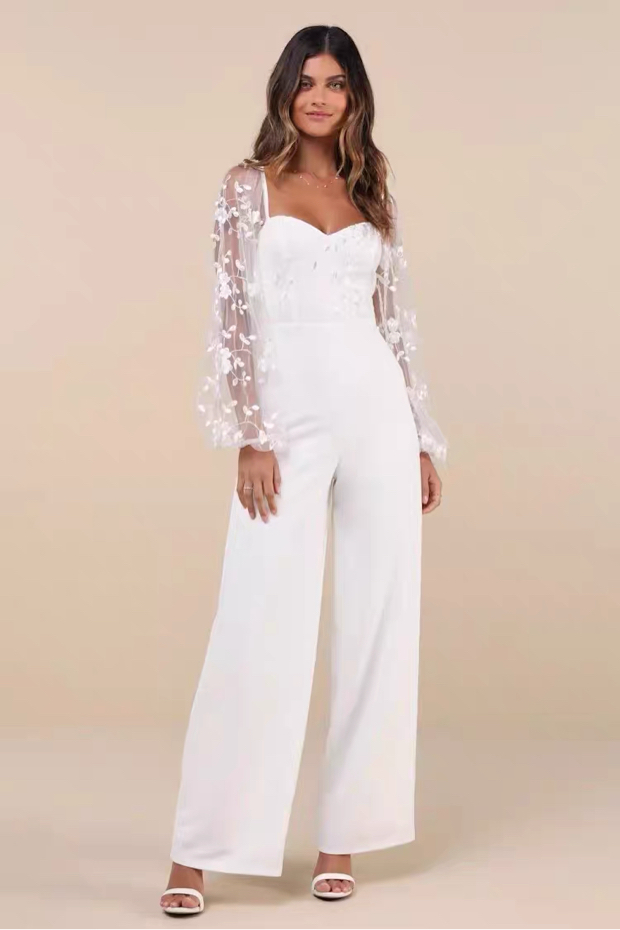 外贸欧美女重工修身显瘦灯笼长袖绣花收腰简约高挑个性时尚连体裤