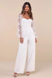 连体裤 外贸欧美女重工修身 时尚 绣花收腰简约高挑个性 显瘦灯笼长袖