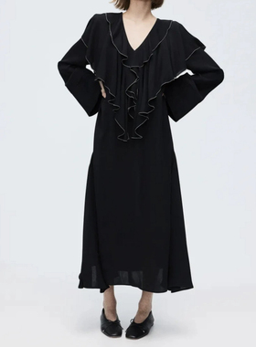 外贸H家欧美法式复古宫廷风在逃公主裙奶甜黑色荷叶边宽松连衣裙