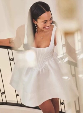 外贸单鱼骨法式甜美氛围感白色仙女收腰显瘦吊带简约小个子连衣裙