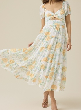 外贸单2026夏季新款时尚百搭修身性感春季度假亮丝印花淑女连衣裙