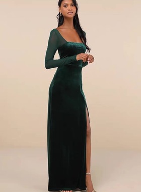 外贸单春季显白绿色丝绒方领长袖高级感修身显瘦礼服裙网纱连衣裙