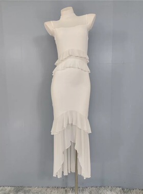 外贸单2026夏季新款百搭修身性感透视舞台风显瘦荷叶边包臀连衣裙