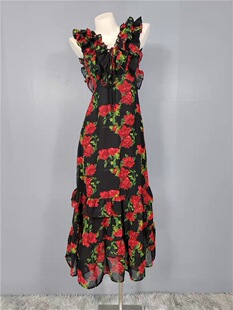 外贸单欧美度假海岛夏季 淑女百搭精美印花露背玫瑰花女连衣裙 新款