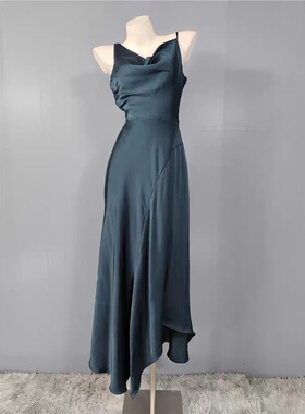 外贸单2026春季新款性感露背吊带光滑缎面优雅显瘦赫本开衩连衣裙