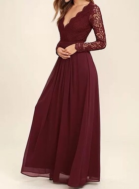 外贸单2026秋季新款百搭修身性感蕾丝露背淑女敬酒服显瘦连衣长裙