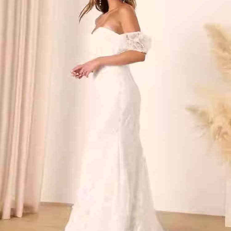 外贸新款性感优雅唯美重工绣花一字领泡泡袖轻婚纱拖尾连衣裙礼服