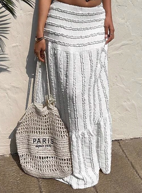 外贸夏季时尚度假飘逸高腰显瘦淑女个性优雅木耳边百搭中长半身裙