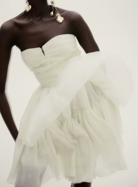 外贸单H家高品质来赛尔抹胸裙气质显瘦小众白色礼服短款裙连衣裙