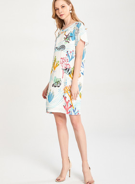 敦奴DUNNU夏季优雅时尚花色圆领套头印花短袖连衣裙女DM25090881