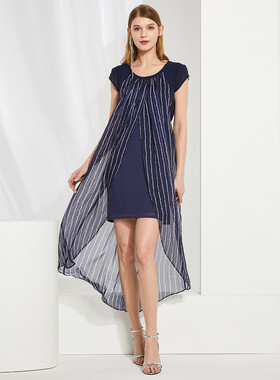 敦奴DUNNU夏季时尚雪纺条纹圆领短袖收腰长款连衣裙女DH25094832