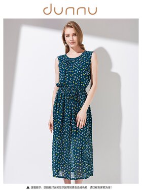 dunnu敦奴夏季法式优雅绿色碎花无袖雪纺长款连衣裙女DL25001839