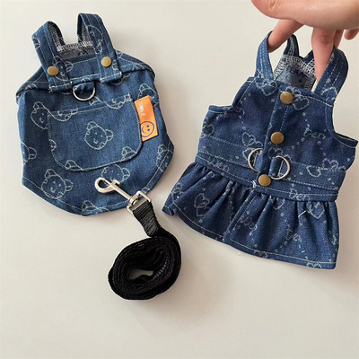 宠物春夏薄款牛仔情侣装可牵引泰迪比熊犬小狗狗猫咪背心裙子衣服