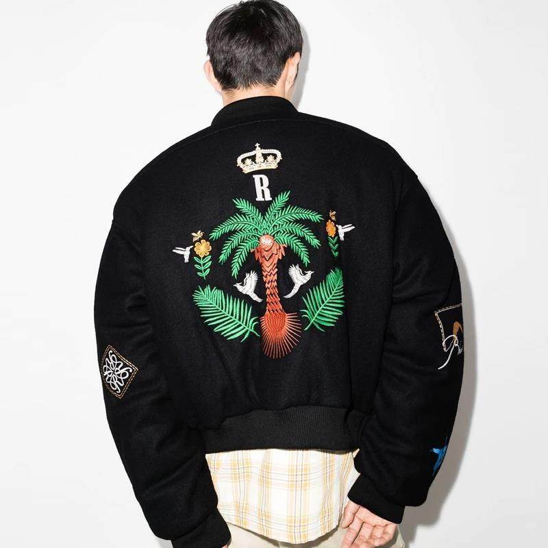 RHUDE 22FW花卉刺绣徽章毛呢棒球服男高街休闲宽松飞行员夹克外套