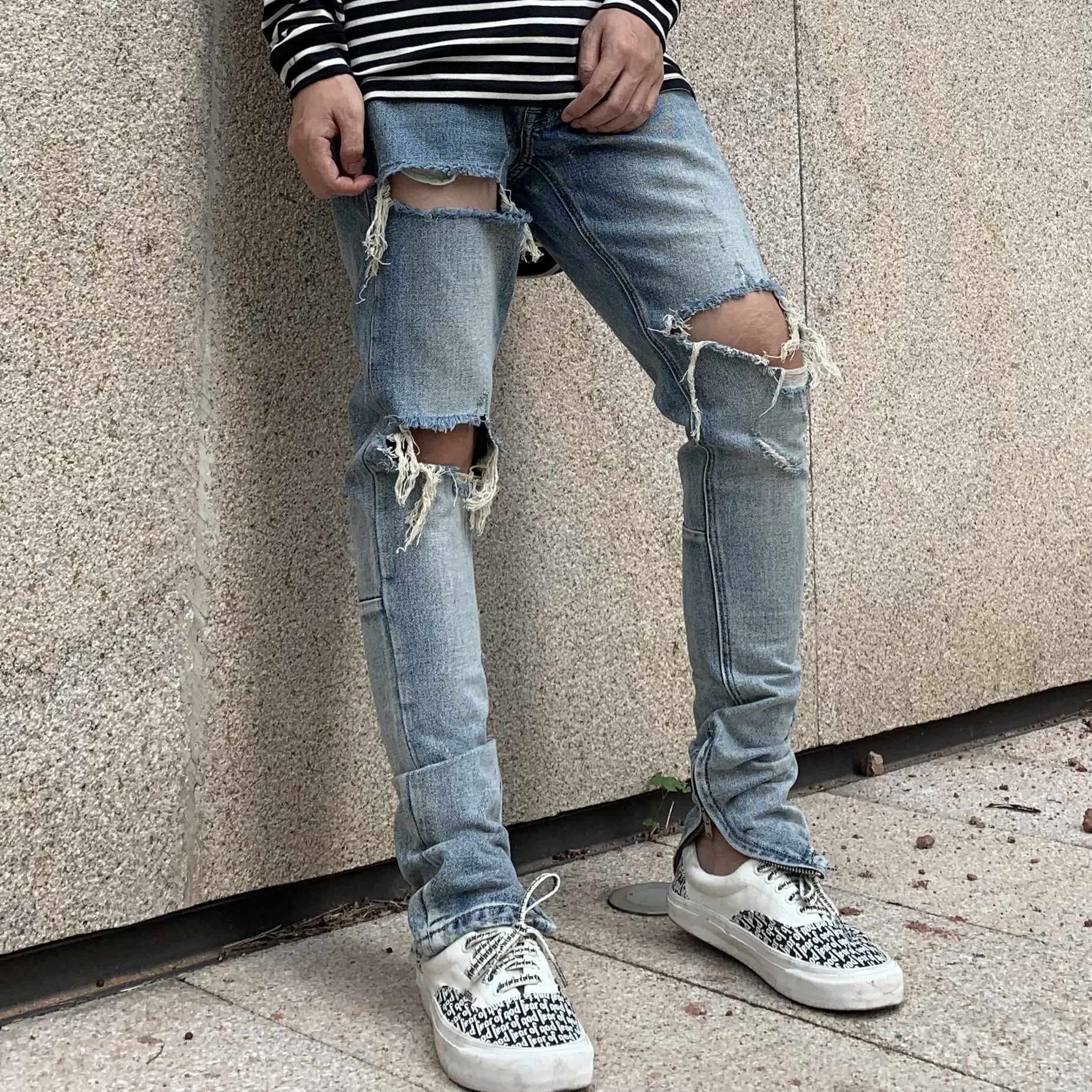 FOG拉链长裤破洞复古水洗牛仔裤