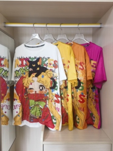 跨境外贸欧货女短袖T恤宽松大码2026新款潮牌烫钻卡通图案夏季