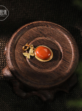 【蝶序吊坠】天然南红玛瑙S925银镶嵌吊坠柿子红百搭S925银复古