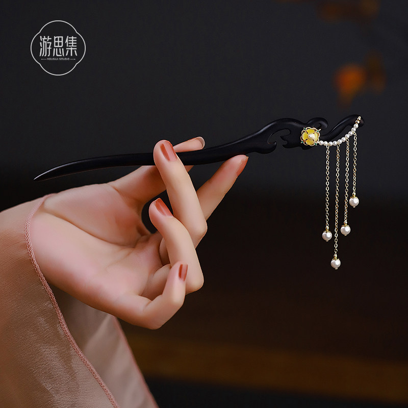 黑檀木流苏发簪古风新中式簪子配七夕节送人盘发日常钗子木质女