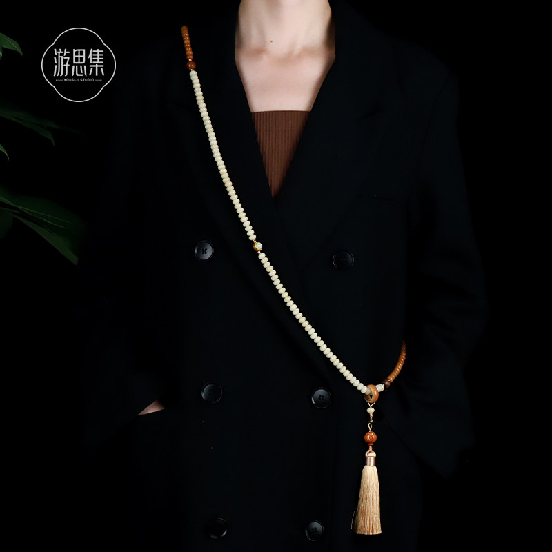 菩提檀香旗袍项链女新中式背背链配饰国风斜挎链佛珠多层菩提手串