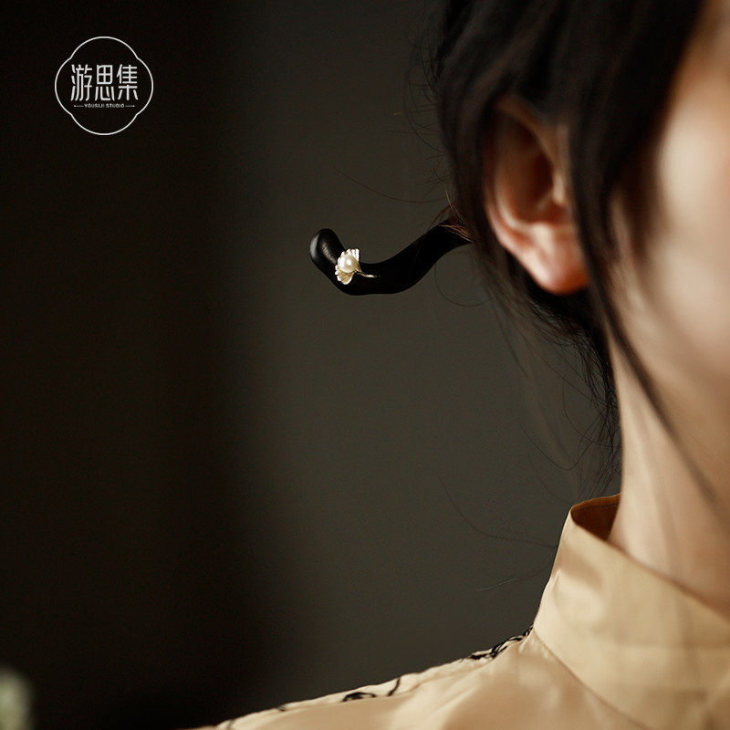 黑檀木珍珠发簪秋冬古风中式簪子简约七夕节送人高端盘发钗子木质