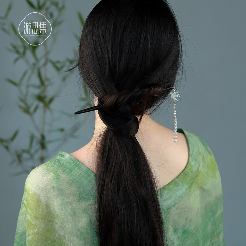 天然和田玉发簪女新中式古风白贝簪子高级感木质步摇发簪旗袍发钗