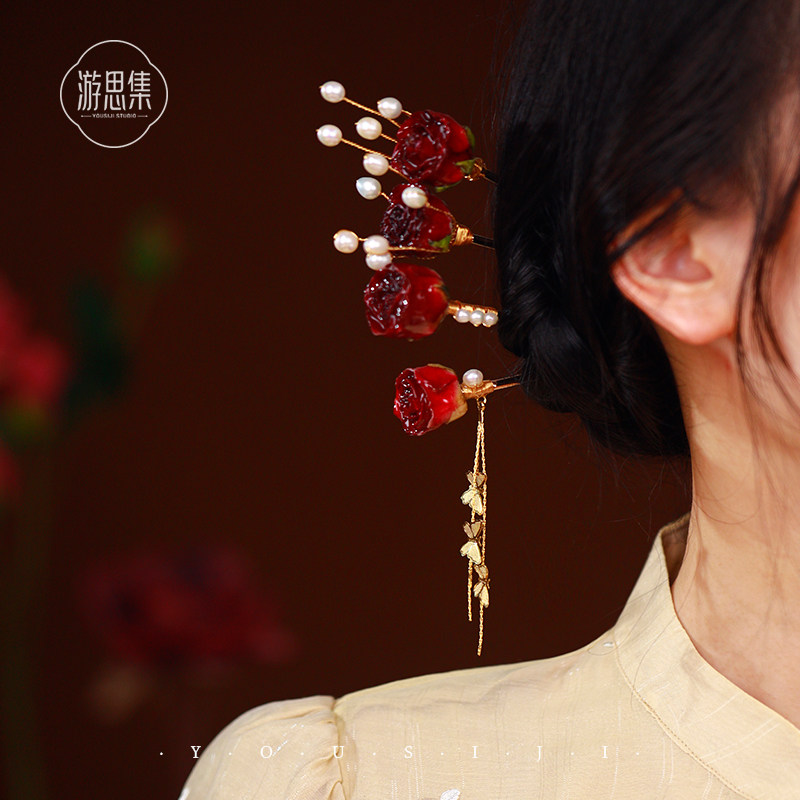 玫瑰花珍珠发簪古风新中式汉服簪子现代简约高级感盘发金属钗子女