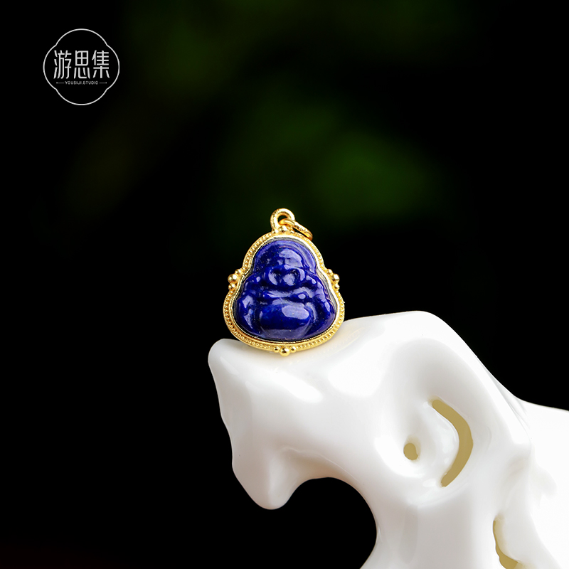 天然阿富汗青金石佛公七宝吊坠项链新中式轻奢小众锁骨链纯银坠子