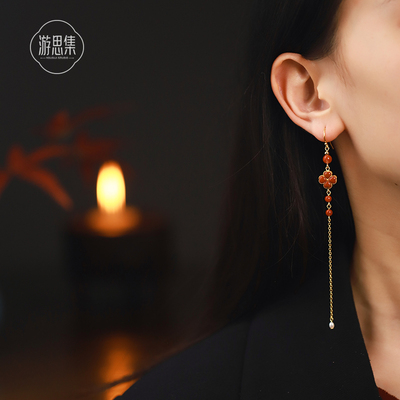 游思集南红玛瑙四叶草流苏耳环