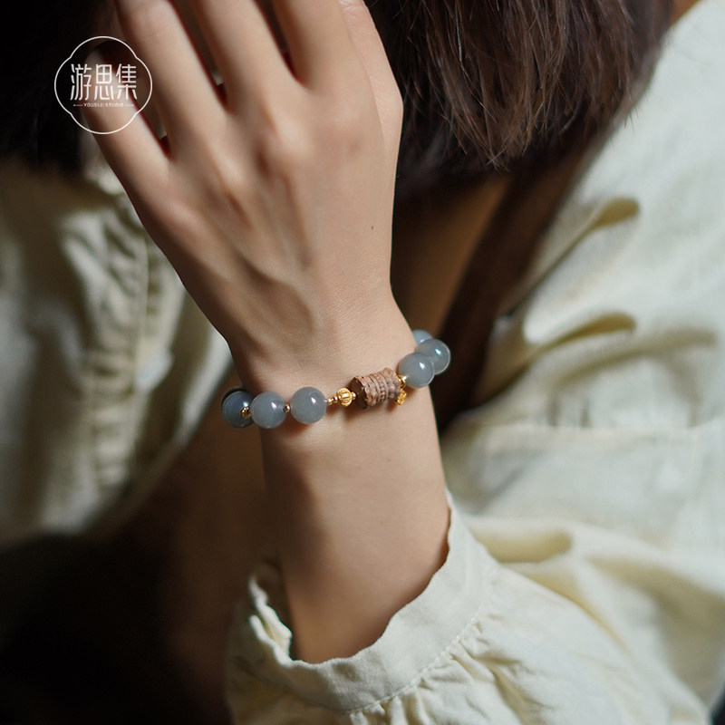 游思集天然和田玉烟紫手串女中式纯银老山檀并蒂莲花配饰串珠手链