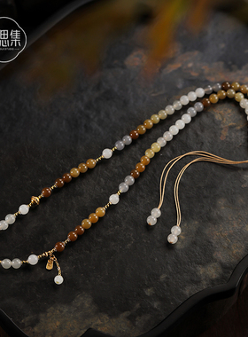 长安雁 天然和田玉楼兰色系糖料烟紫银毛衣项链女串珠新中式送礼