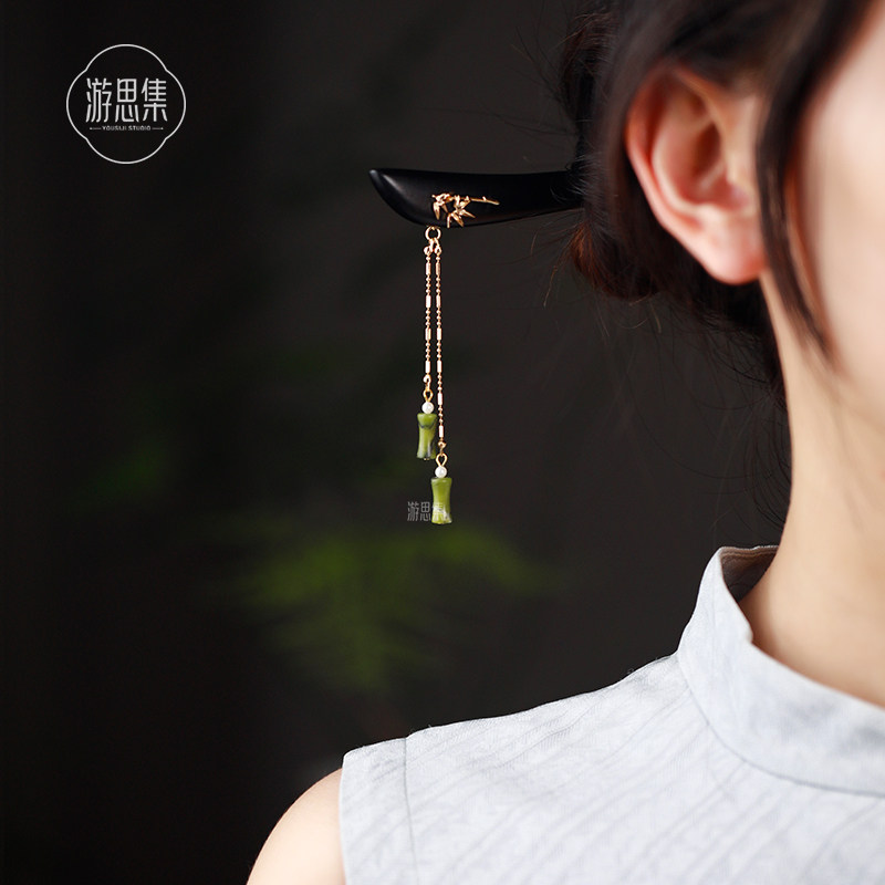 橄榄玉竹节步摇发簪秋冬古风黑檀七夕节送人簪子新中式流苏发簪女