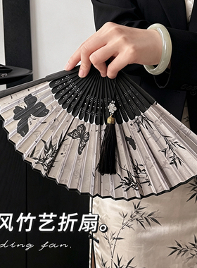 扇子古风折扇便携汉服马面裙舞蹈夏天流苏小扇子黑色竹扇高颜值新