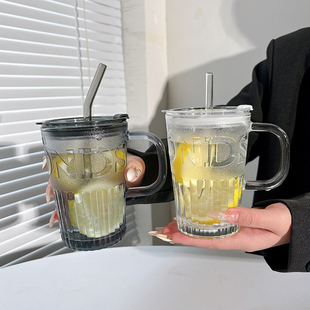 女带盖吸管咖啡杯夏学生办公室家用果汁杯 水杯杯子玻璃杯2025新款