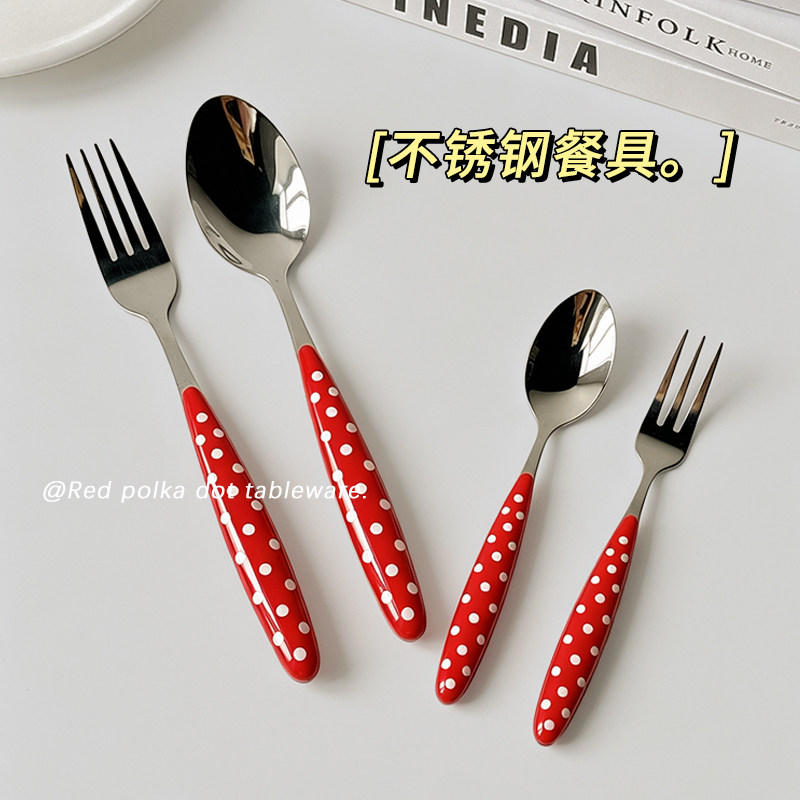ins风不锈钢西餐勺陶瓷甜品叉图片