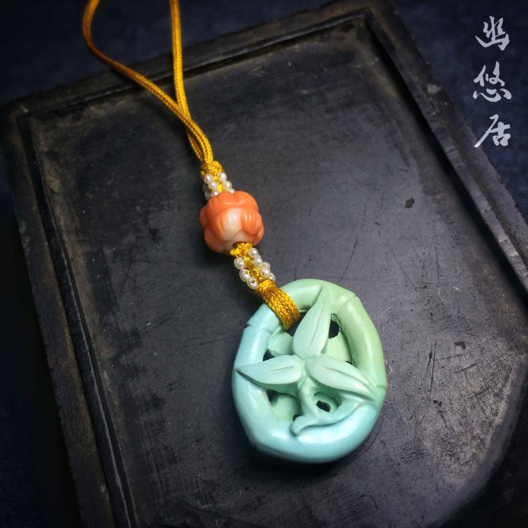 【幽悠居】原矿高瓷绿料绿松石红宝石故宫手工雕刻竹轮包挂压襟