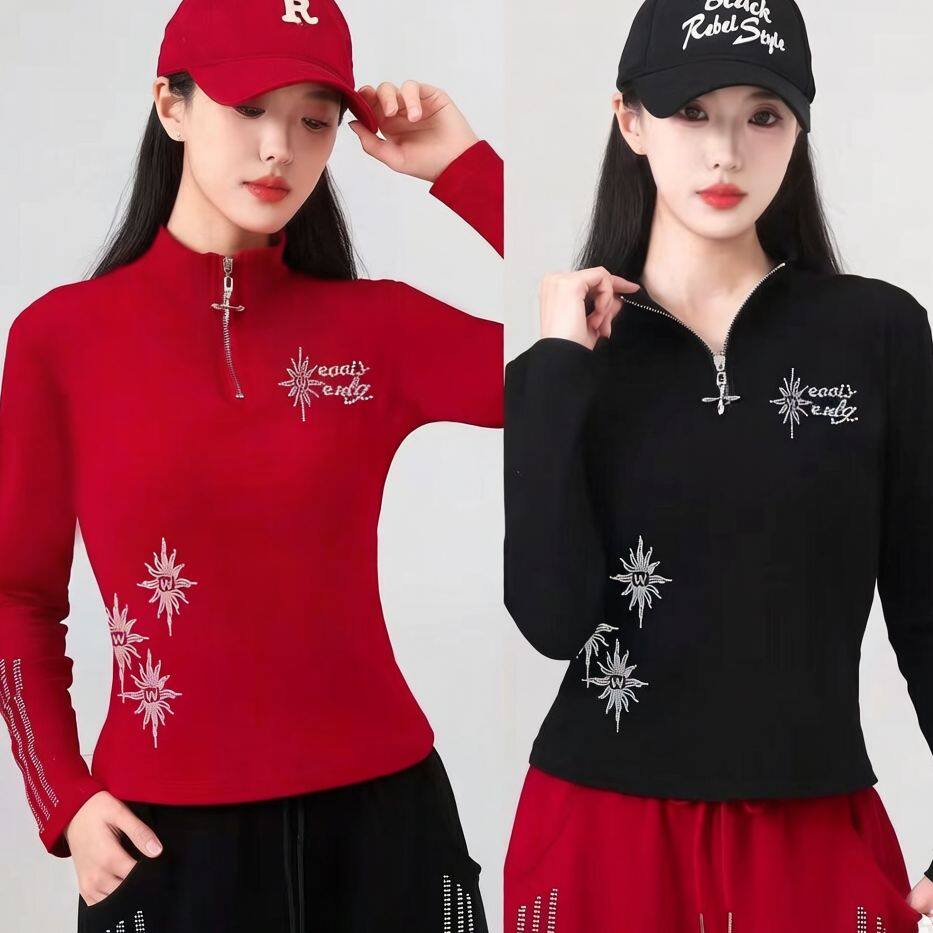 新款春秋广场舞服装半拉链烫钻长袖运动上衣女透气显瘦跳操舞蹈服