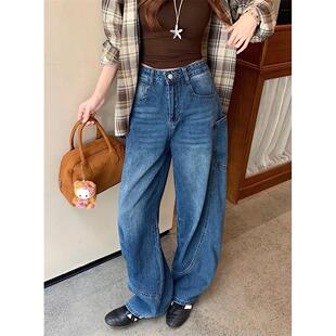 复古大口袋直筒宽松牛仔裤 立体剪裁弯刀弧线廓形牛仔裤 美式