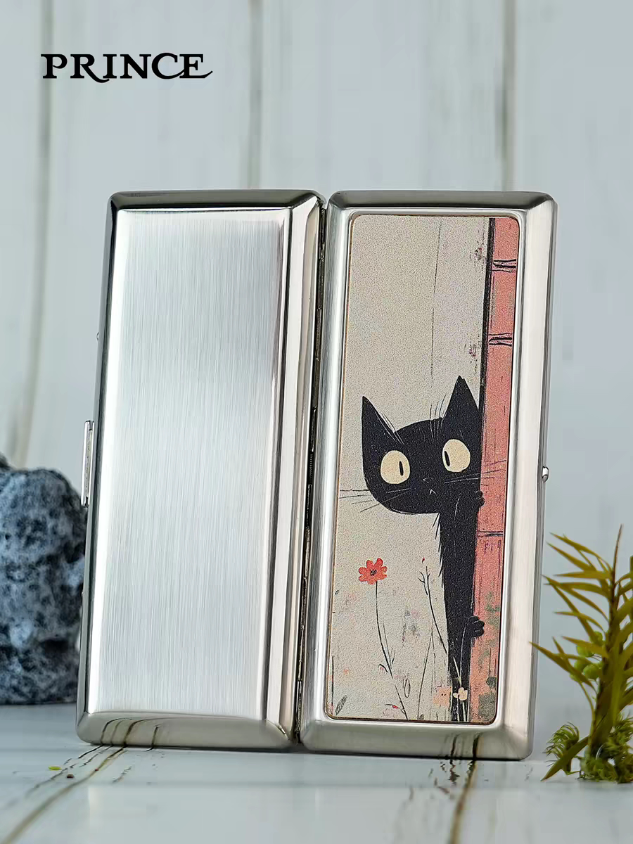 PRINCE烟盒小巧便携金属真皮闪躲黑猫创意个性烟夹兼容装粗中细烟