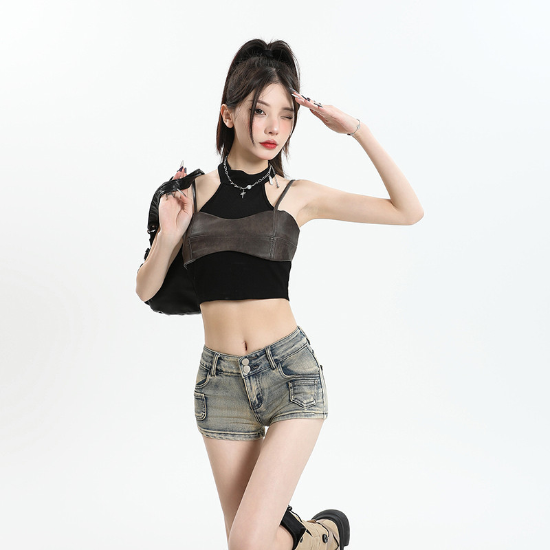 复古牛仔超短裤女辣妹弹力夏季中牛仔裤